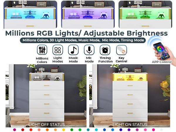 Sikaic Dresser for Bedroom with Column Design, 4 Drawer Dresser with Charging Station, Modern Bedroom Led Tall Dresser for Bedroom Closet