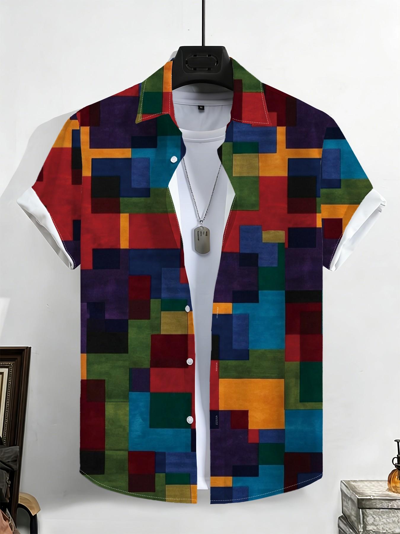 New Summer Men's Short Sleeve Shirt, Vintage Colorful Square Geometric Print, Casual Breathable Beach Holiday Hawaiian Shirt