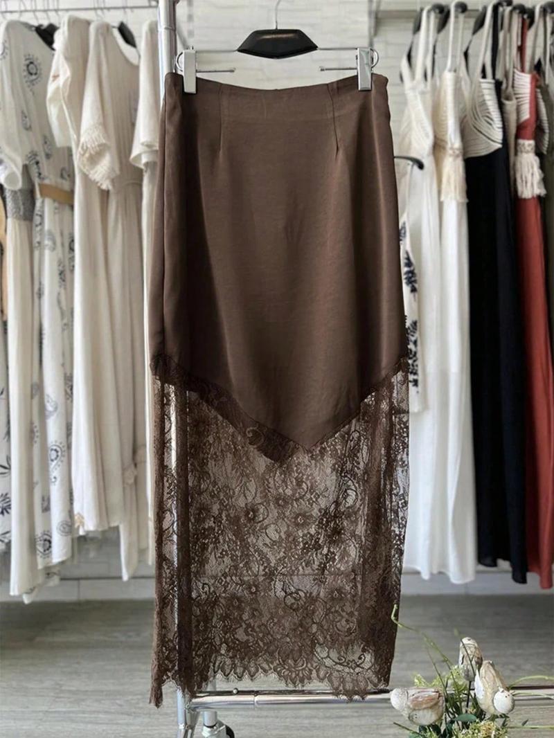 Women's Summer Spring Satin Lace Patchwork High-Waisted Skirt, Elegant Long Plain Design, Slim-Fitting Natural Waist Dress