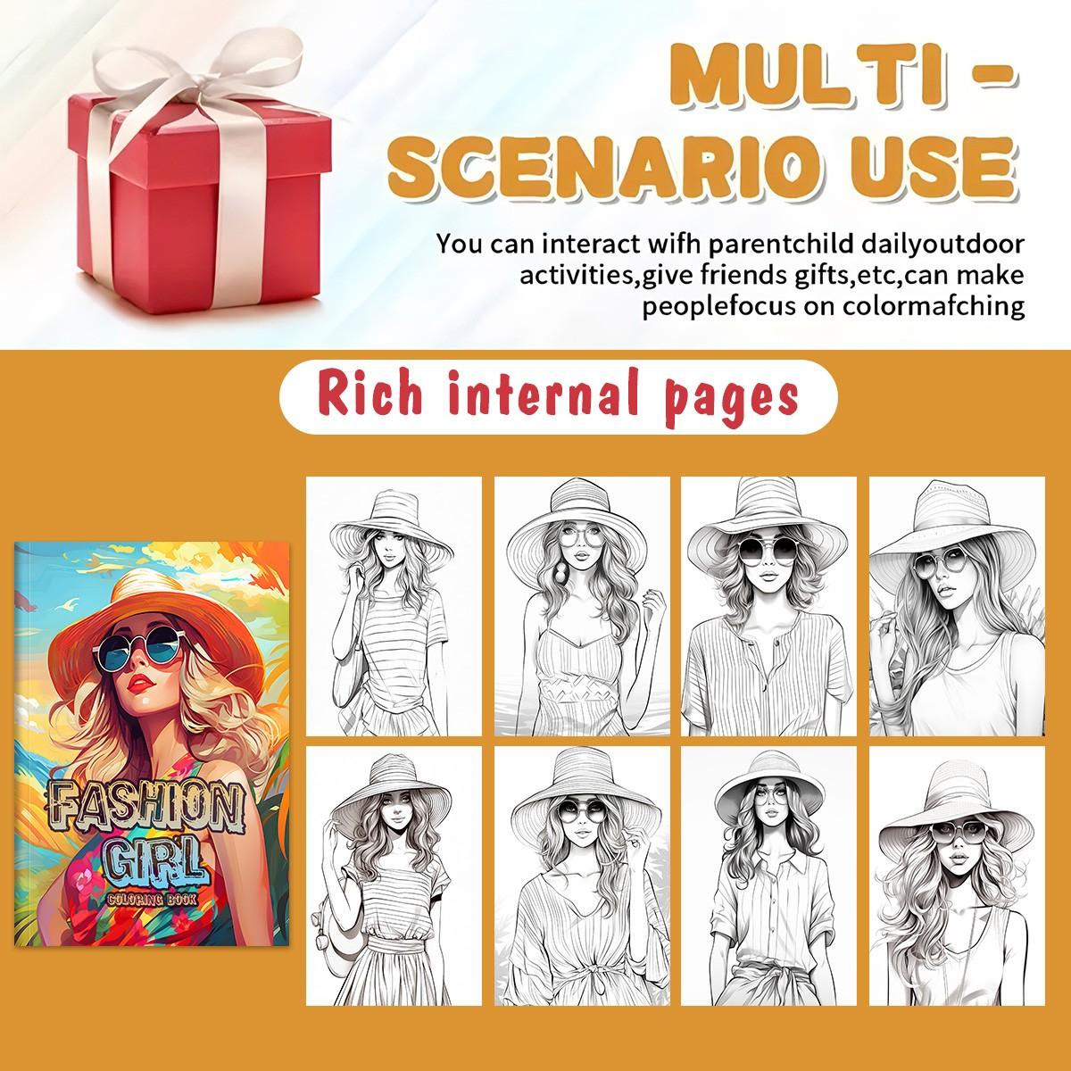 1PC Fashion Girl Coloring Book for Adult, 20 Single-Sided Drawing Pages, DIY Cat Art Gift, Stress Relief, Back-To-School, New Year, Valentine's Day, Christmas