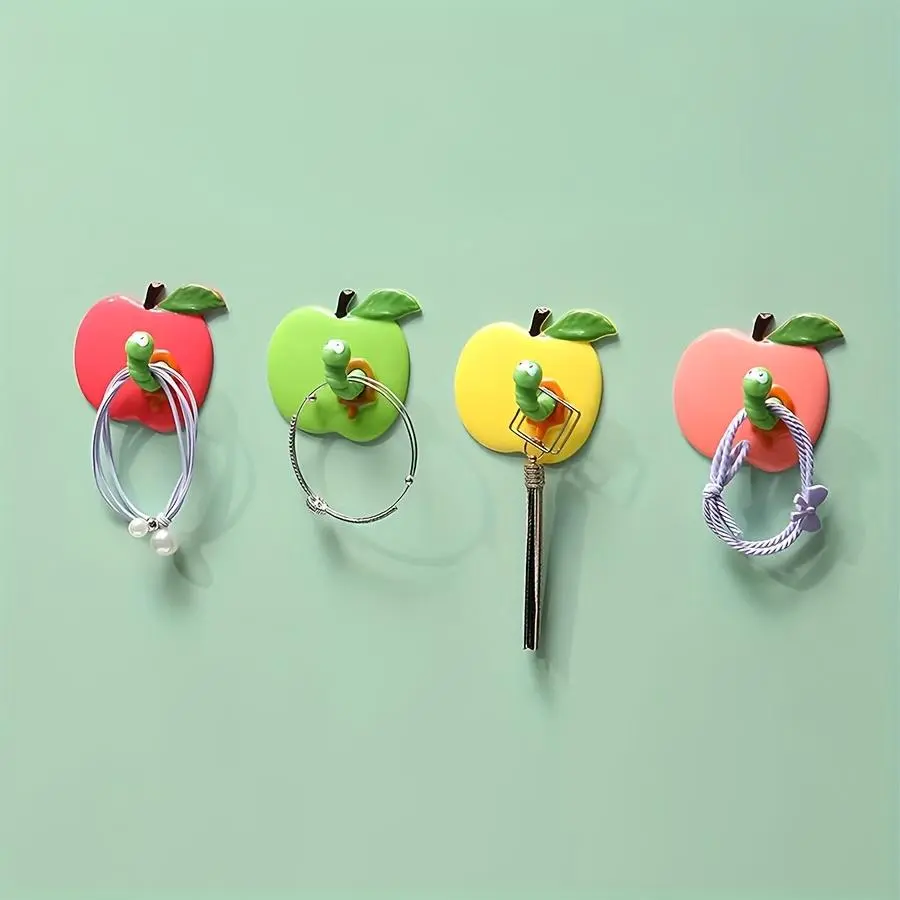 1/4pcs Multi Color Bonded Clothes Hook Key Chain, Creative Sticky Cute Apple Shape Key Hook, Practical Wall Decoration for Home Storage, for Hanging Hats, Keys, Towels, Scarves, Bags, No Punching, for Bathroom & Kitchen, Practical Hooks, Gift Gifts