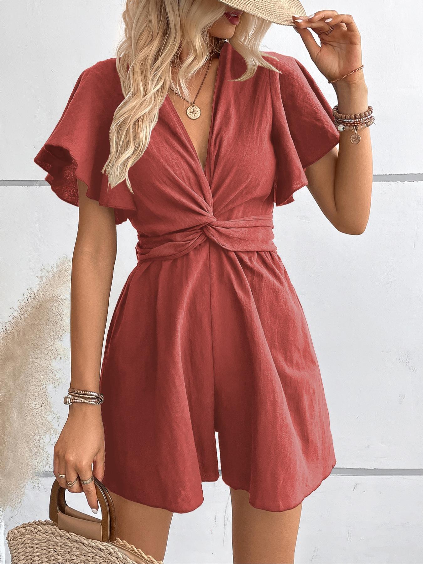 Women's Twist Butterfly Sleeve Romper, Casual Chic V Neck High Waist Wide Leg Jumpsuit, Ladies Summer Clothes for Daily Wear Womenswear Vneck
