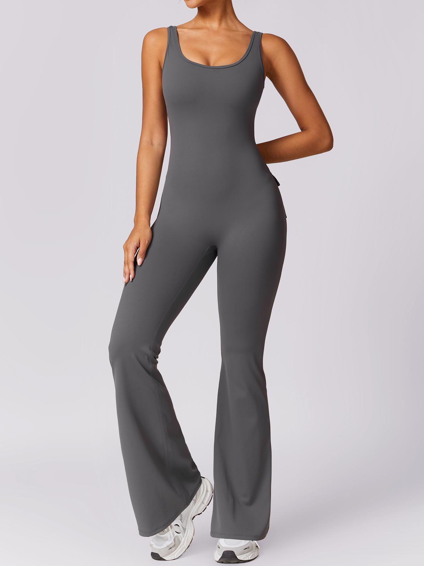 NcmRyu Women's Sleeveless Square Neck Open-Back Flare Jumpsuit - Buttery-Soft 4-Way Stretch Cargo Ruched Sculpting Trendy Activewear Workout Gym Clothing Workout Apparel jumpsuits for women