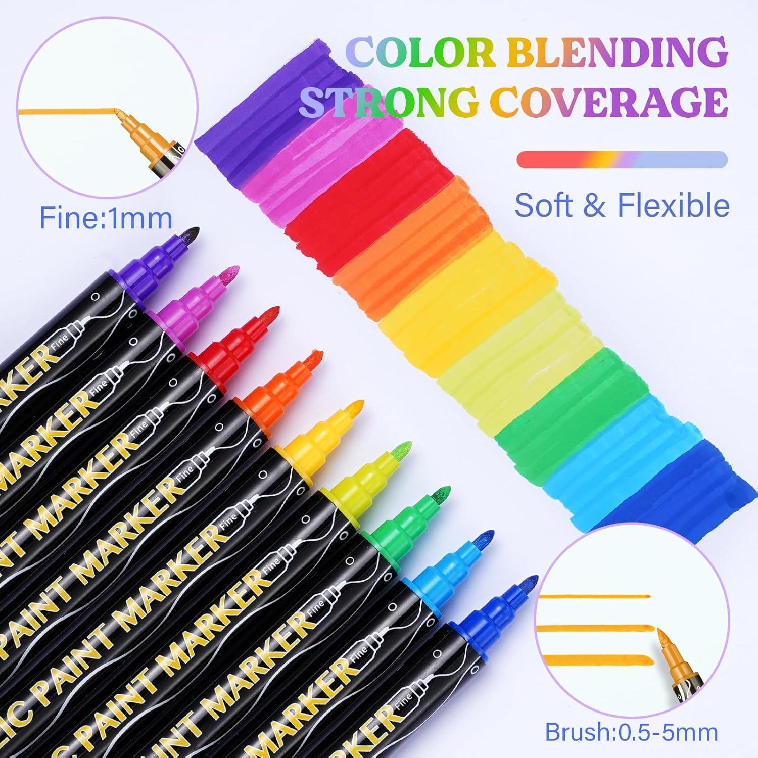 Acrylic Paint Pens Markers, Dual Tip Fine&Brush Paint Markers, Strong Coverage Bright Colors Paint Pens for Rocks, Canvas, Wood, Glass,Fabric, Plastic, Acrylic Paint Set - LET'S RESIN