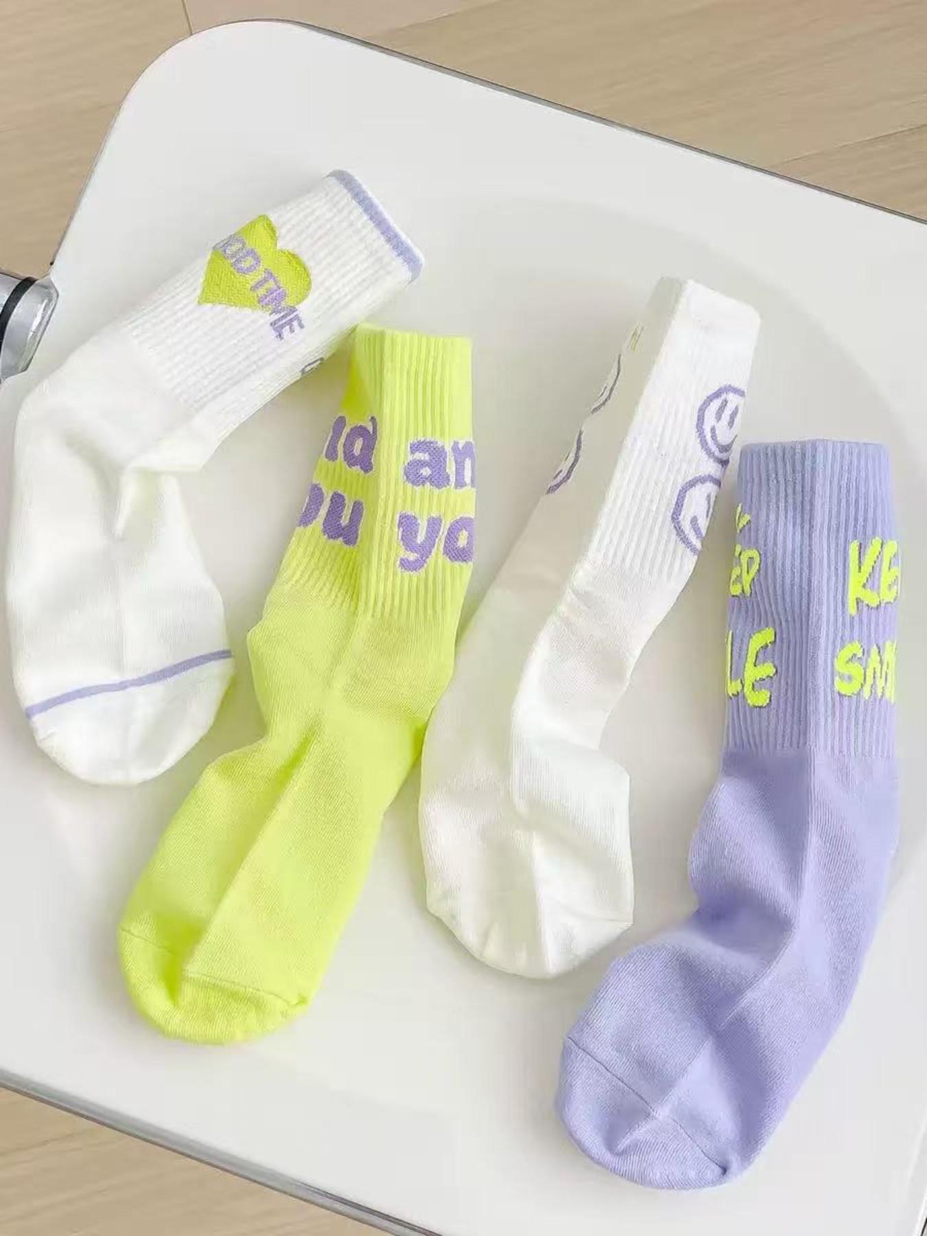 Women's Casual Letter Pattern Street Style Mid-Calf Socks, 4 Pairs, Perfect for Daily Wear, Trendy and Unique Design