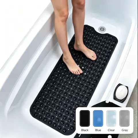 Rectangle Non-Slip Bath Mat for Tub (40x16in) - Strong Suction Cups, Fast Water Drain Holes, Machine Washable Waterproof Mold-Resist Rubber PVC Grip Traction Bathroom Essential Supplies (Blue, Black, Transparent, Light Gray), Bath Mats For Tub