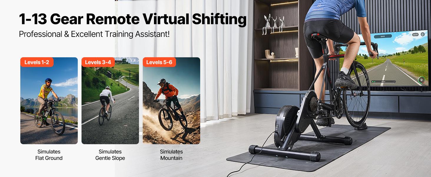 VEVOR Bike Trainer, 1-13 Level, 26-29 in 700C Wheels, Smart Bicycle Stationary Stand for Indoor Exercise Riding with Front Wheel Riser Block, Fits Road and Mountain Bikes, Compatible with Zwift App
