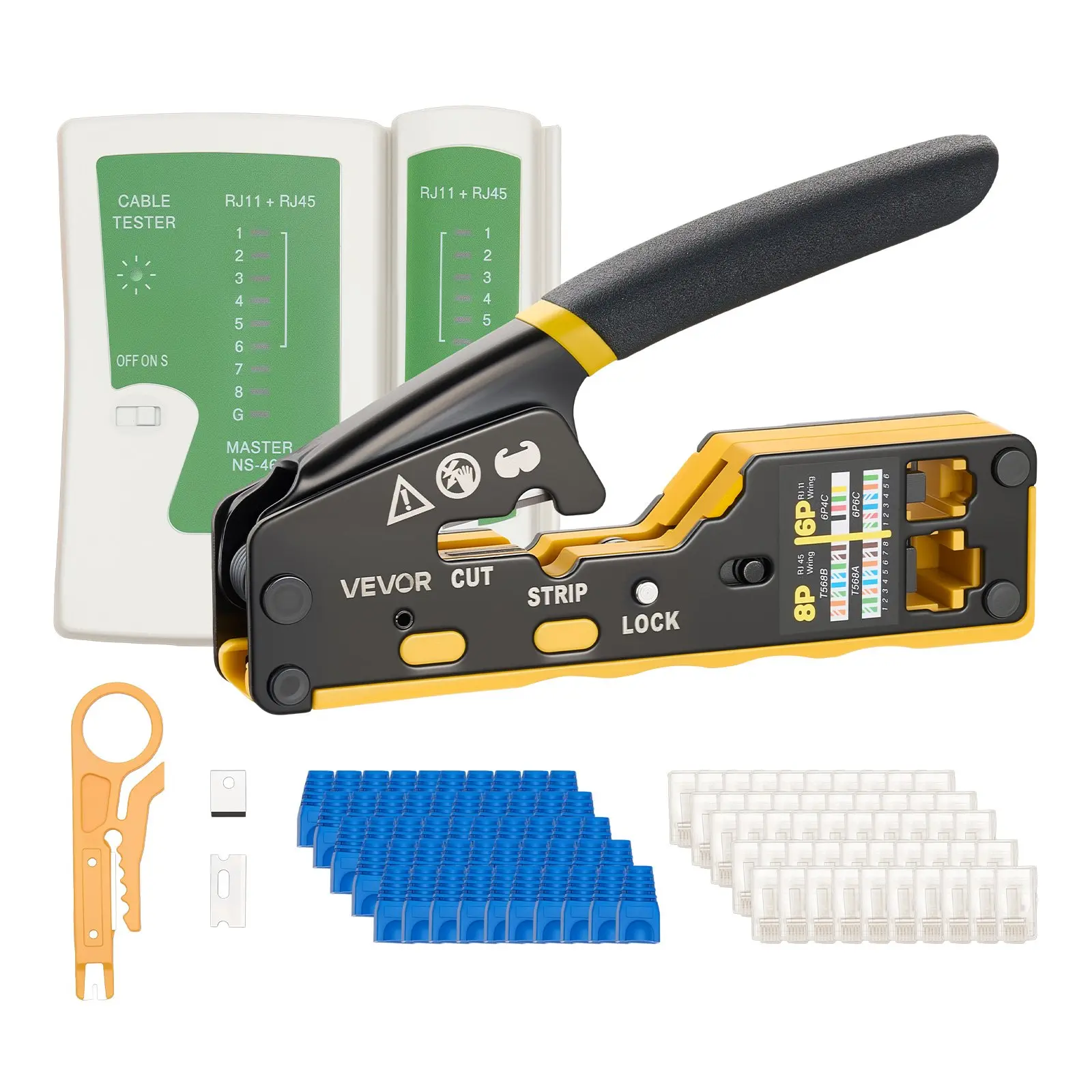 VEVOR Crimping Tool, RJ45/RJ11/RJ12 Ethernet Crimper, Crimp Tool Kit for 4/6/8-Pin Modular Plugs, with Mini Wire Stripper, 50 Connectors and 50 Boots, Replacement Blades, and Network Cable Tester