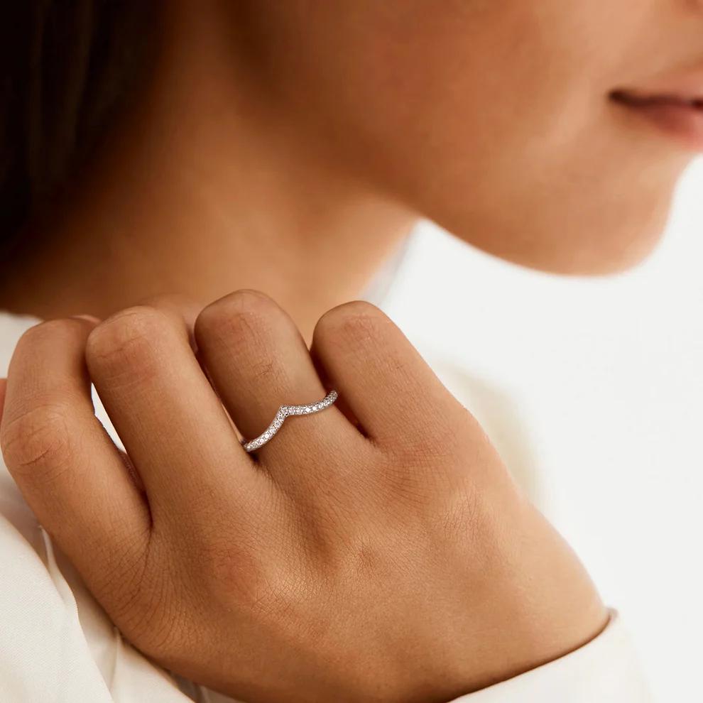 EAMTI 925 Sterling Silver Cubic Zirconia Half Eternity Ring V Shape Stacking Ring Minimalist CZ Statement Band for Women