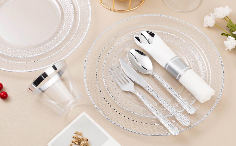 Bestluck 350PCS Clear Plastic Plates with Silver Trim Disposable Dinnerware Set for 50 Guests Includes 100 Plates 50 Napkins 50 Cups Premium Quality BPA-Free Ideal for Weddings Parties Anniversaries