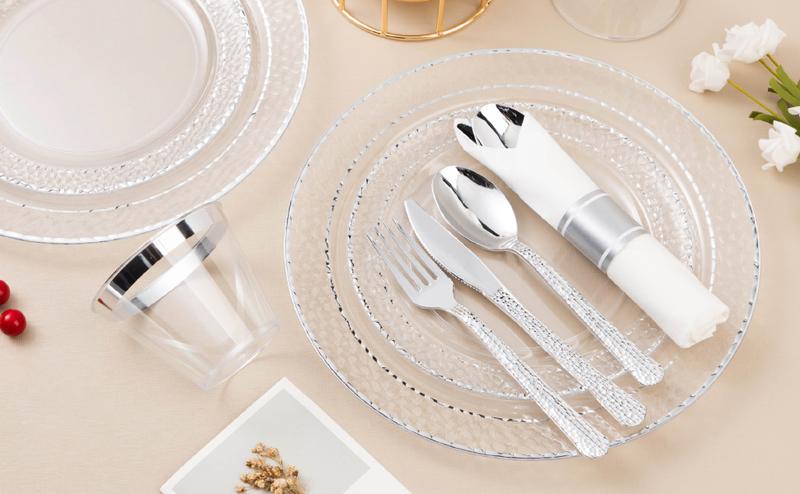 Bestluck 350PCS Clear Plastic Plates with Silver Trim Disposable Dinnerware Set for 50 Guests Includes 100 Plates 50 Napkins 50 Cups Premium Quality BPA-Free Ideal for Weddings Parties Anniversaries