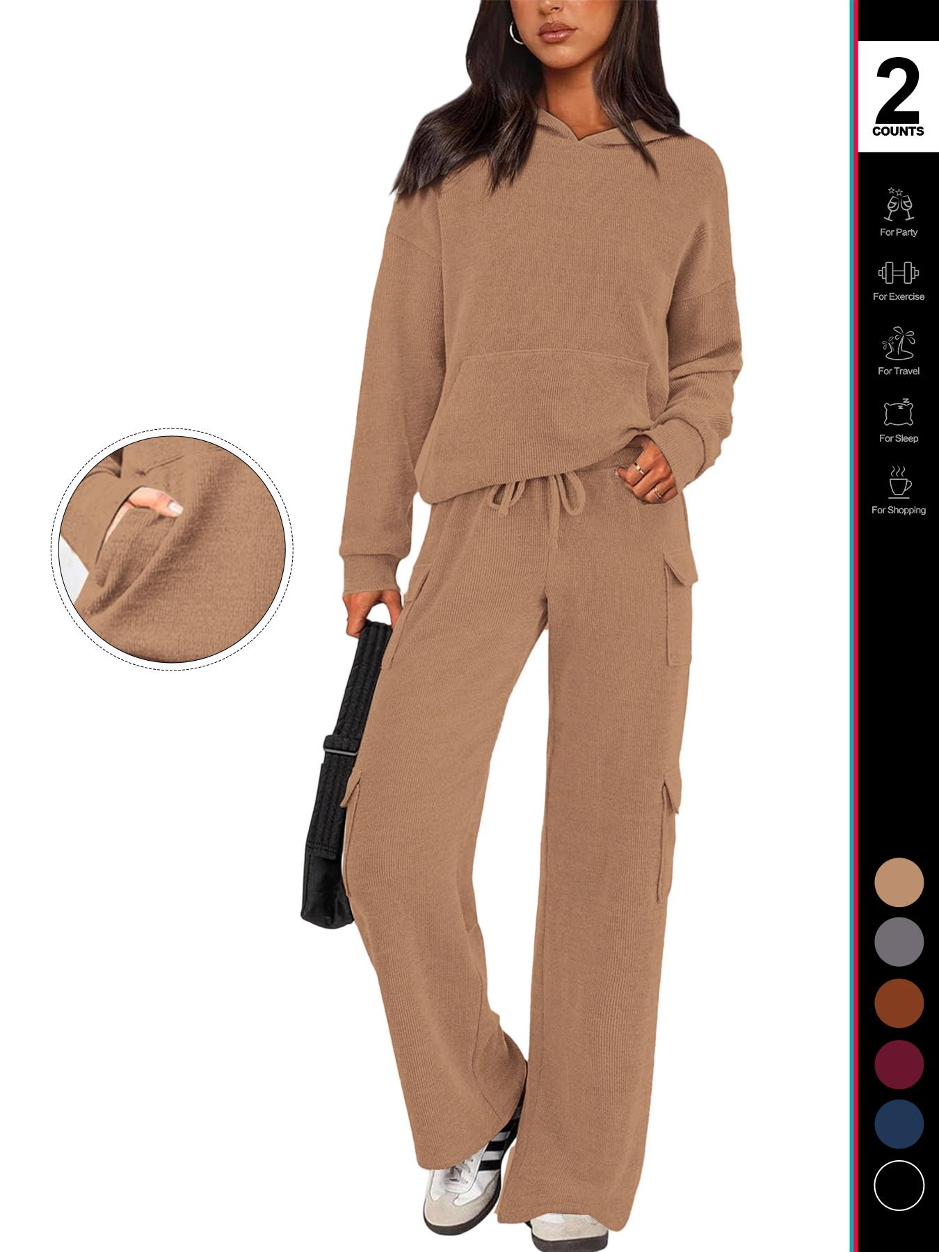 2026 Womens Fall Outfit 2-Piece Knitted SetsHoodie Tracksuits Wide Leg Pants With Pocket AndDrawString Long Sleeve Hooded Kangoroo Pocket TopsKnitwear Sporty Casual Loungwear, Womenswear Travel Outfit