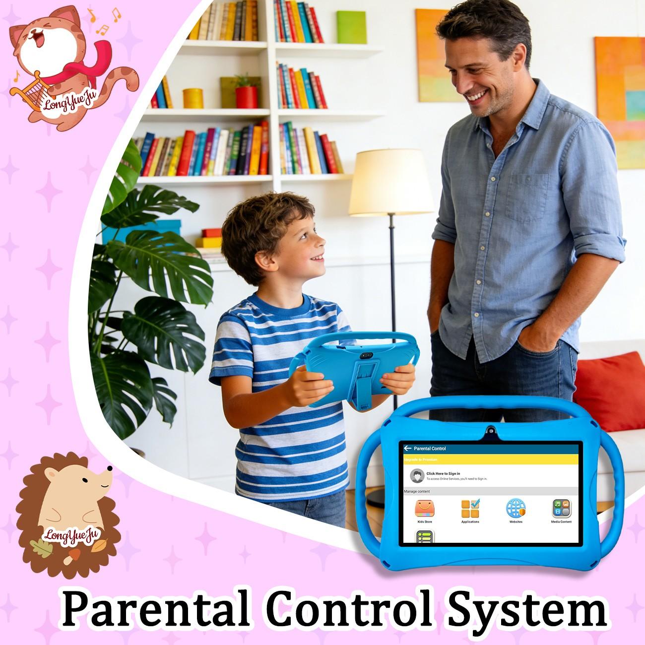 7-inch ultra light children's tablet, Childrens tablet, Toddler tablet, Kid Tablet, One handed grip for children, Anti fall silicone cover+parental whitelist control, Pre installed offline learning content for sofa/car/travel, Blue kindergarten birthday