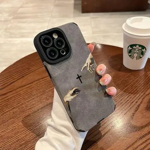 God's Hand Pattern Fine-Hole Imitation Fur Anti-Drop Cellphone Case - Catholic Religious Art Themed Shockproof Cover with Protection, for Men, Fits iPhone 17 ProMax,17 Air,16 Plus,15 Pro,14,13,12,11,X,XS Max, HM113 Mobile Phone Accessory
