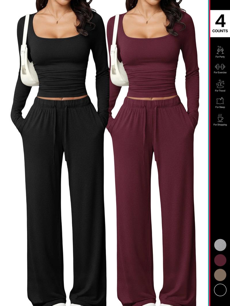 Women's 2 Piece Matching Lounge Set, Fitted Square Neck Long Sleeve Crop Top, High Waisted Wide Leg Drawstring Pants, Casual Sweatsuit