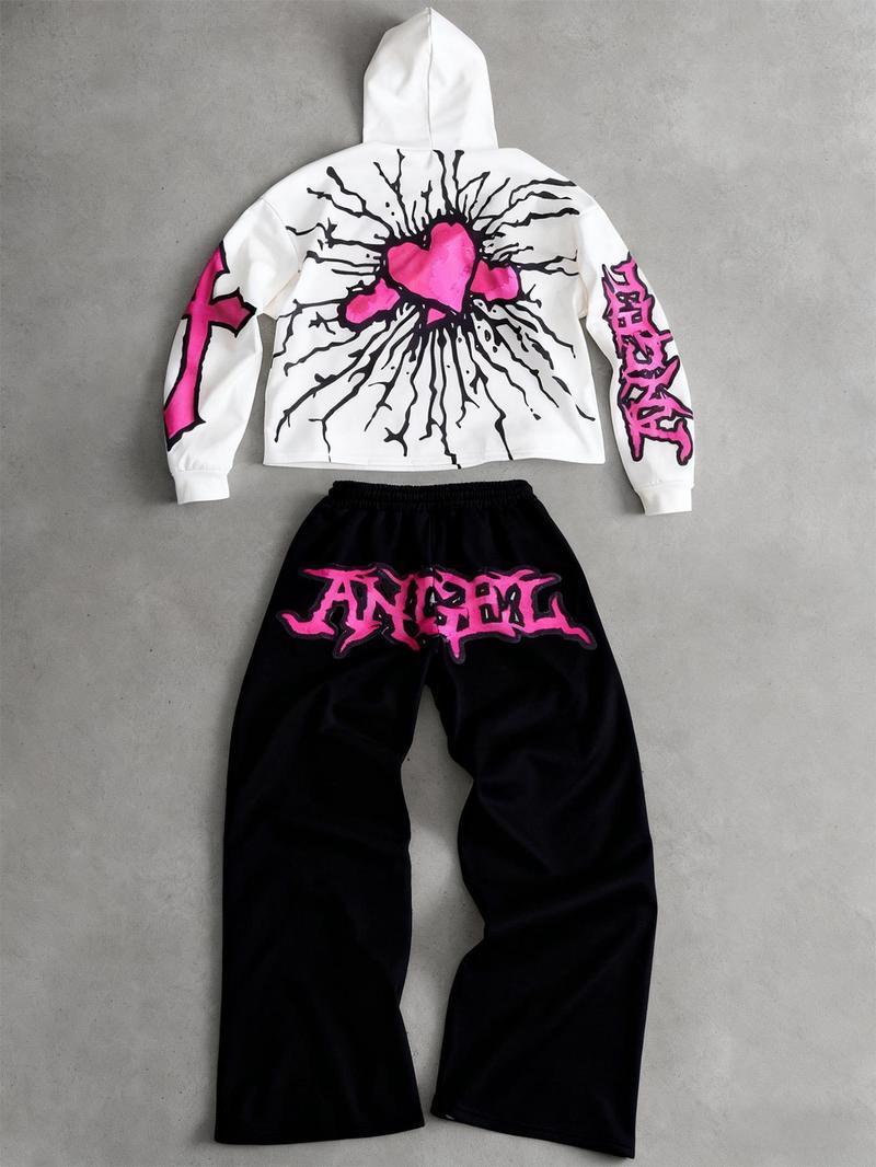 Men’s and women’s versions of the TikTok hit, Y2K-style 2-piece set featuring a pink angel with fleece lining and a hooded sweatshirt, paired with trendy long pants/sports shorts. Suitable for streetwear, Y2K fashion, gothic fashion, couples’ outfits, men Men’s and women’s versions of the TikTok hit, Y2K-style 2-piece set featuring a pink angel with fleece lining and a hooded sweatshirt, paired with trendy long pants/sports shorts. Suitable for streetwear, Y2K fashion, gothic fashion, couples’ outfits, men