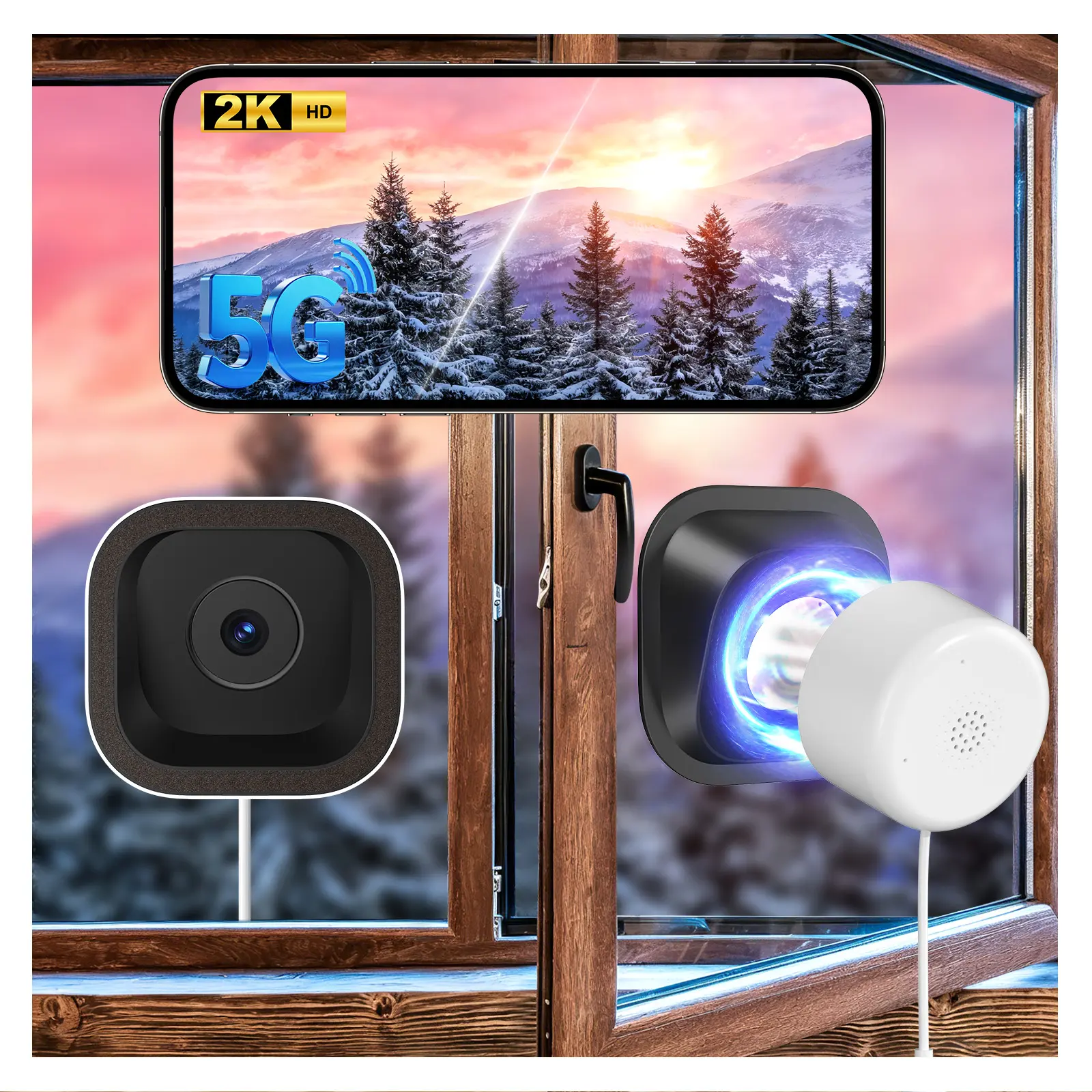 3MP Indoor Home Security Window Camera with Bracket Mount, WiFi, Motion Detection, 2-Way Audio, Recording Lens, and Memory Card Compatibility