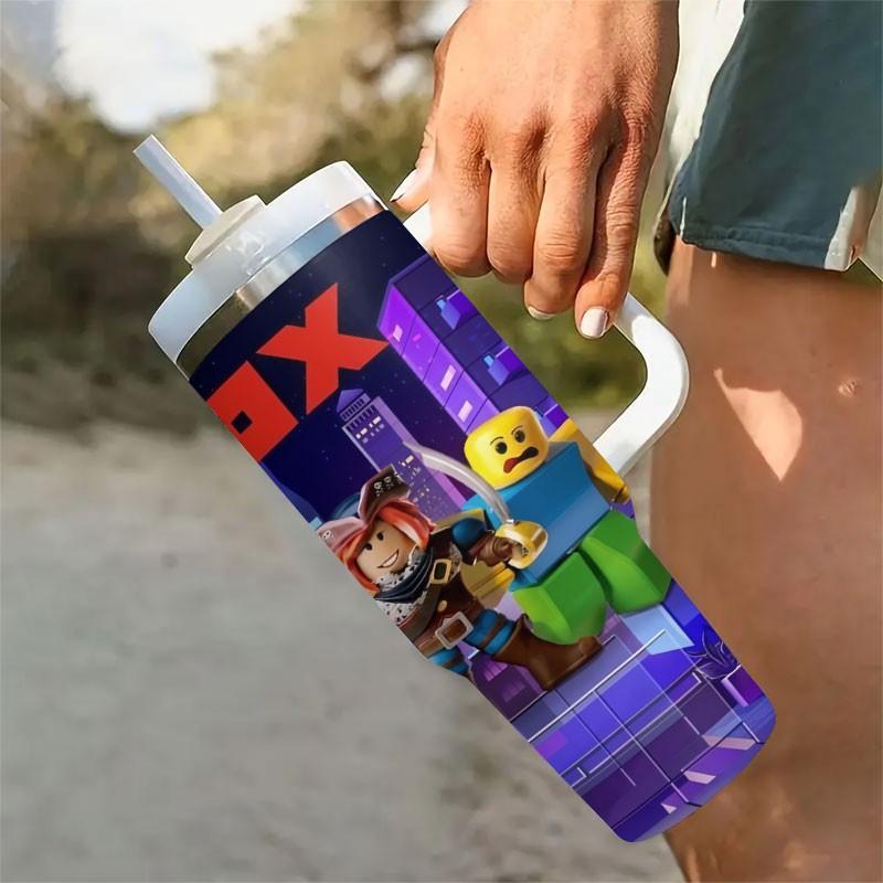1pc Roblox Adventure 40oz Tumbler, Cartoon Game Character Car Insulated Cup, Slide Handle Large Capacity Straw Cup, Gaming Accessories Travel Mug