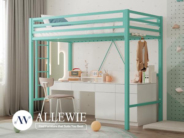 Allewie Twin Metal Loft Bed - 【Frame Only No Mattress】Full-Length Guardrail & Space-Saving Design for Dorm, Black/White/Apple Green, #TikTokShopBlackFriday #Christmas Gifts