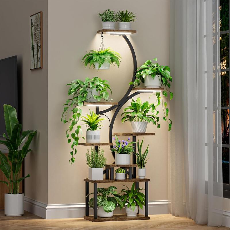 POZILAN Plant Stand Indoor with Grow Lights, 8 Tiered Indoor Plant Shelf, 62" Tall Plant Stand for Indoor Plants Multiple, Metal Plant Flower Holder, S-Shaped Plant Rack for Home,Patio(Patent Design) Adjustable Artistic Decorative