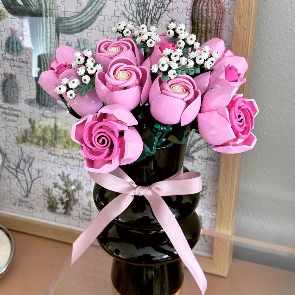 822PCS Pink Roses Flower Building Blocks Rose Bouquet Building Kit Artificial Flowers Building Set Botanical Collection Building Blocks Home Decor Flower Brick Set  Bouquet Building Blocks Set Valentine's Day Gift, Mother's Day Gift, Birthday Gift for Her