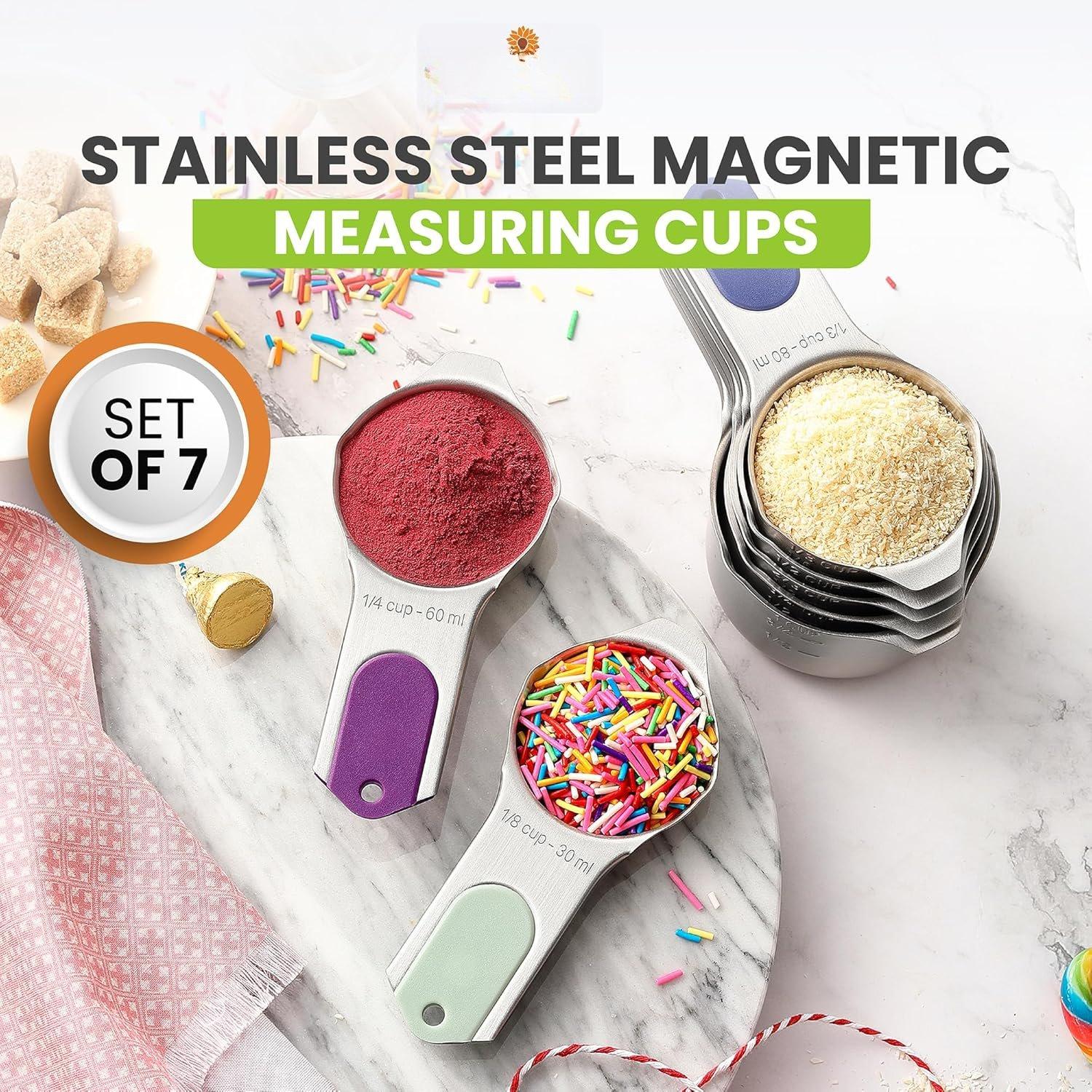 Stainless Steel  Measuring Cups, Set of 7 & Heavy Duty  Measuring Spoons, Set of 8 with Leveler - 2 Product Bundle - Winter Frost