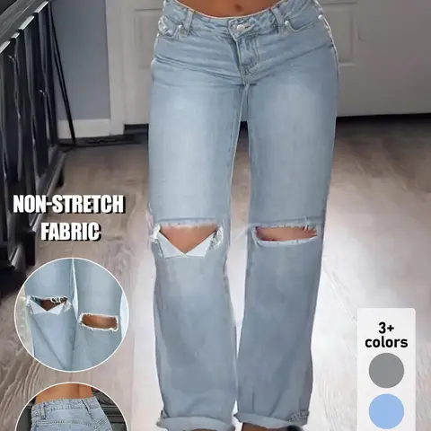 【Black Friday】Women's Mid-Waist Straight-Leg Ripped Jeans with Pockets, American Style Bottoms, Casual Street Style Denim Pants for Daily Wear