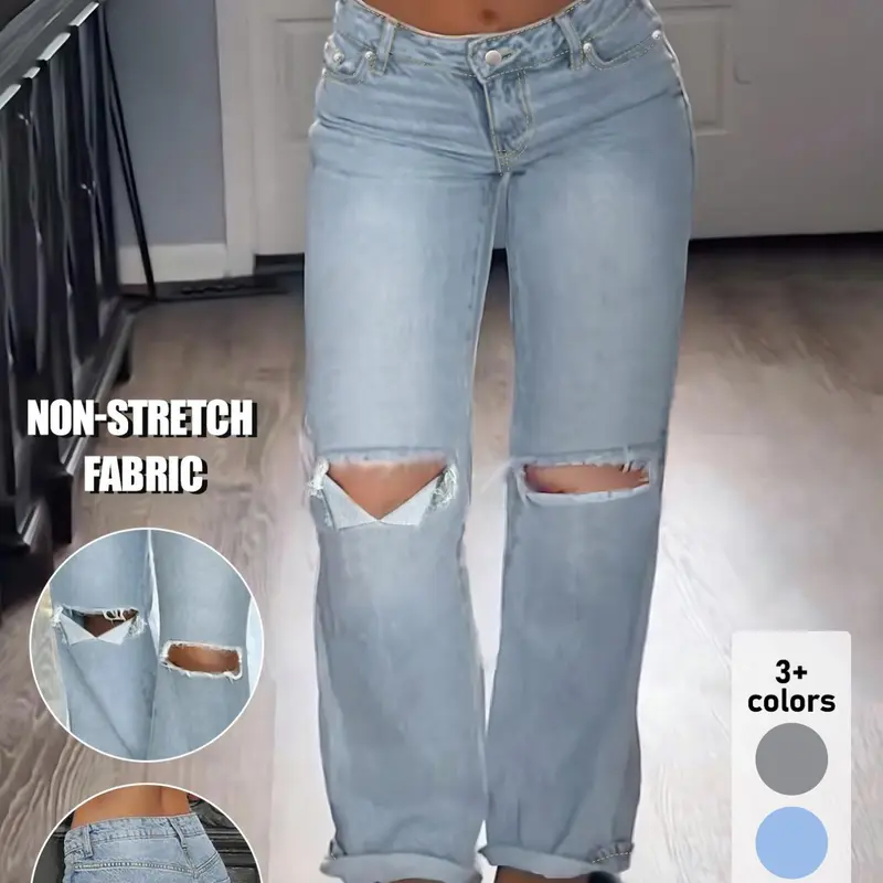 【Black Friday】Women's Mid-Waist Straight-Leg Ripped Jeans with Pockets, American Style Bottoms, Casual Street Style Denim Pants for Daily Wear