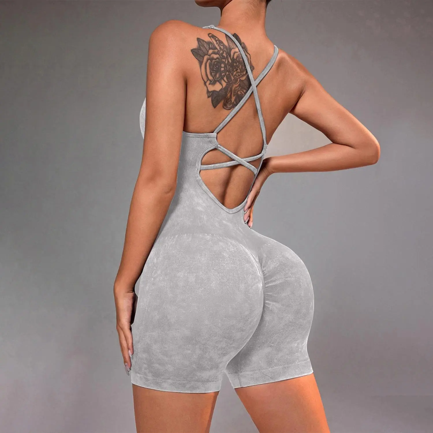Distressed Washed Yoga Bodysuit for Women - Seamless No Panty Line Strappy Dance Leotard, Vintage Soft Workout Unitard for Gym