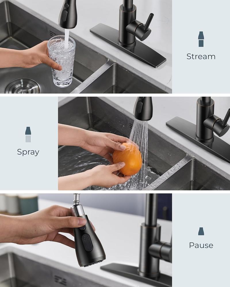 FORIOUS Black Kitchen Faucet Stainless Steel with Pull Down Sprayer Portable Pull Out Sink Faucet Single Handle High Arc Kitchen Faucet