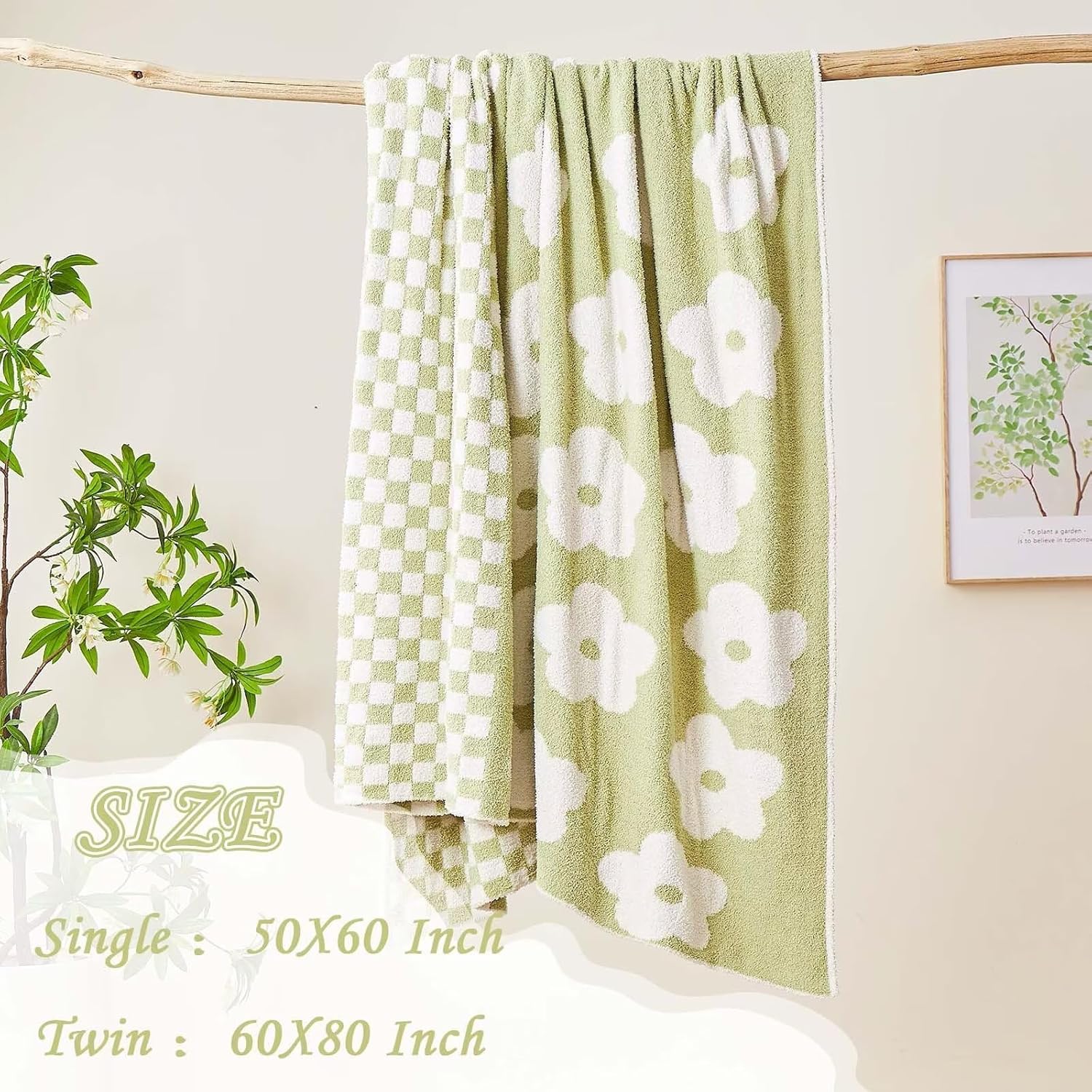 Checkered Throw Blanket, Sage Green Super Soft Knit Breathable Throw Blanket, Cozy  Reversible Checkerboard Flower Fuzzy Blanket for Couch Sofa Bed Living Room Decor 60 x 80 Inch