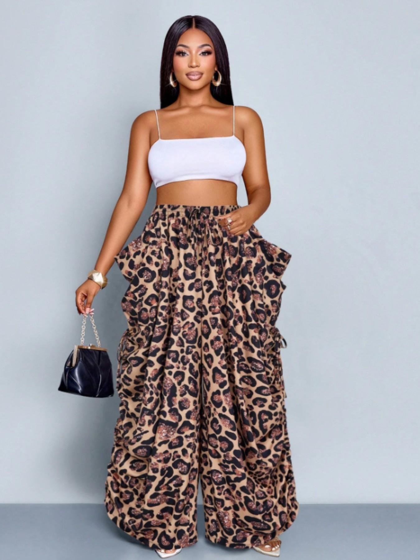 Women's Leopard Print Harem Pants Bottom, Casual High Waist Loose Breathable Cotton Linen, Medium Stretch Thin Drawstring Pockets, Streetwear Punk Style
