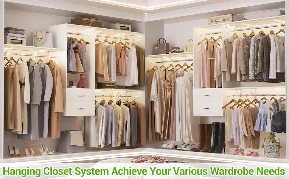 8FT Wall Mounted Closet System with 3 Shelving Towers and 3 Hanging Rod,96'' Hanging Walk In Closet Organizer System with 2 Wooden Drawers,Hangable