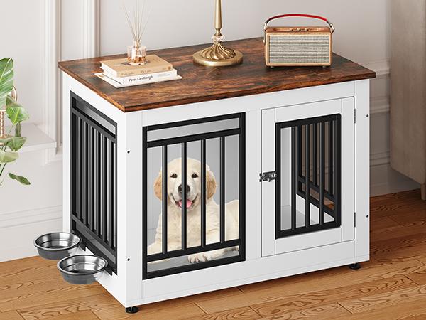 Yitahome 28" Dog Crate Furniture, Wooden Crate End Table for Small Dogs up to 30 lbs, Double Door Dog Crate with Adjustable Feet and Removable Bowls Yitahome 28" Dog Crate Furniture, Wooden Crate End Table for Small Dogs up to 30 lbs, Double Door Dog Crate with Adjustable Feet and Removable Bowls