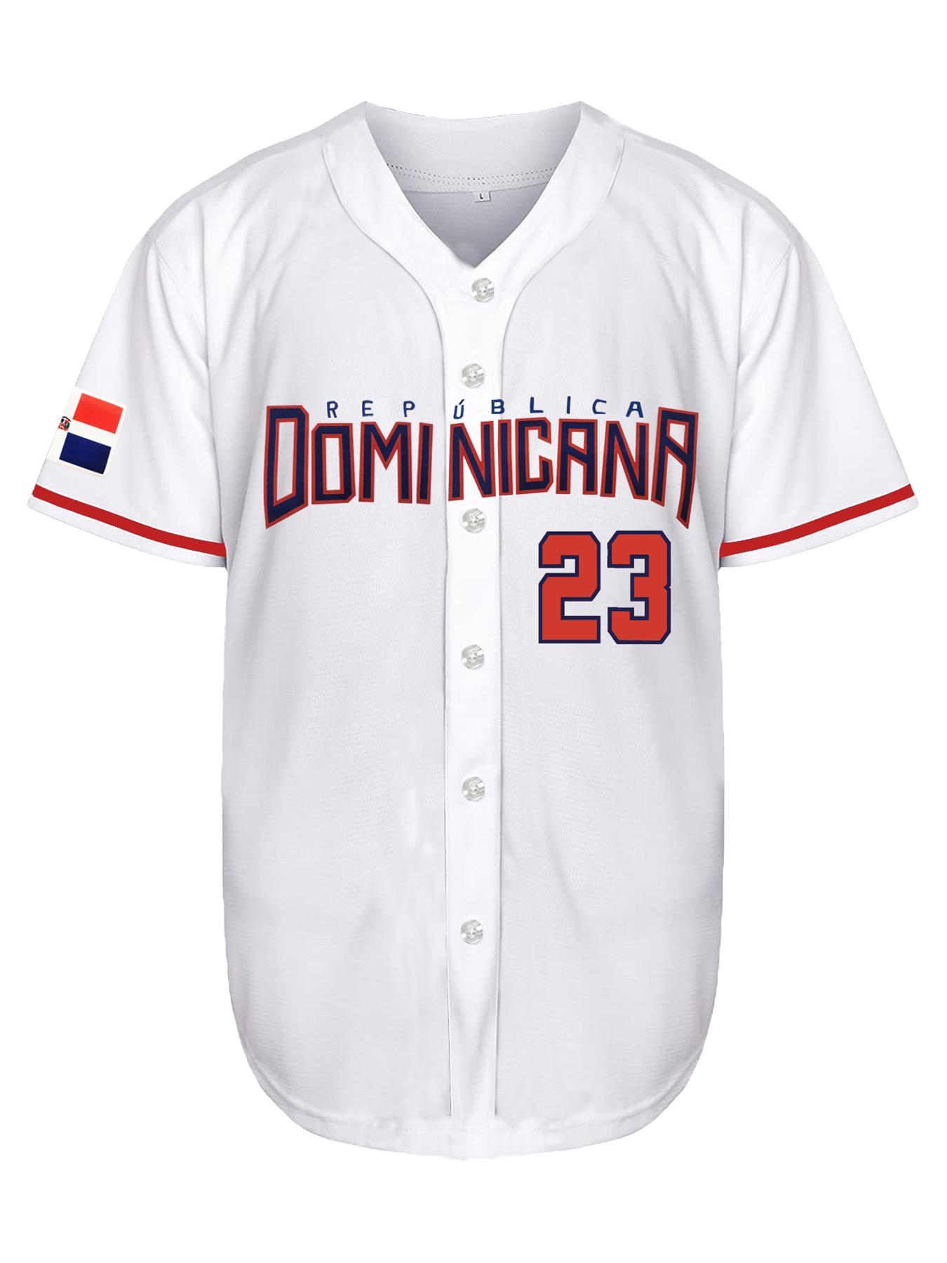 Men's Letter & Number Stitched Button Front Baseball Jersey, Stylish Jersey, Casual Loose Short Sleeve V Neck DOMINICANA 23 Baseball Top for Fall & Winter, Baseball Christmas Gifts