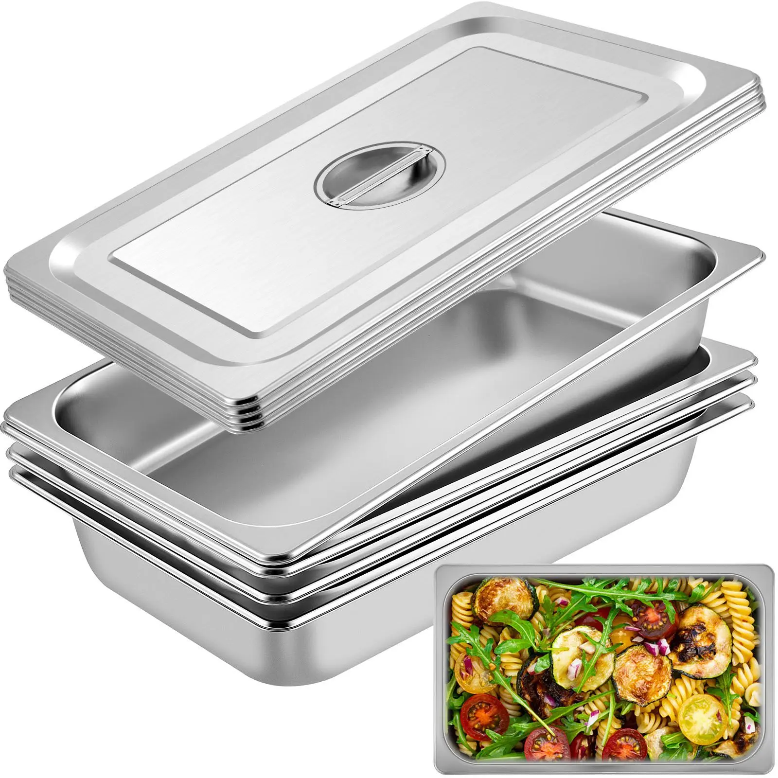 4 Pack Full Size Stainless Steel Food Pans with Lids, 3.7" Deep Hotel Pans for Steam Tables, Catering and Buffet
