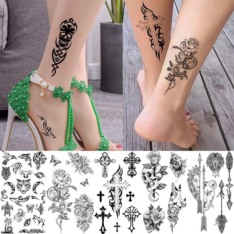 52 Sheets Creative  Black Temporary Tattoos - Assorted Designs of Crowns, Infinity, Triangles, Stars, Letters, Scorpions for Men & Women - Realistic Waterproof Adult Tattoo Stickers for Arm, Hand, Finger, Neck