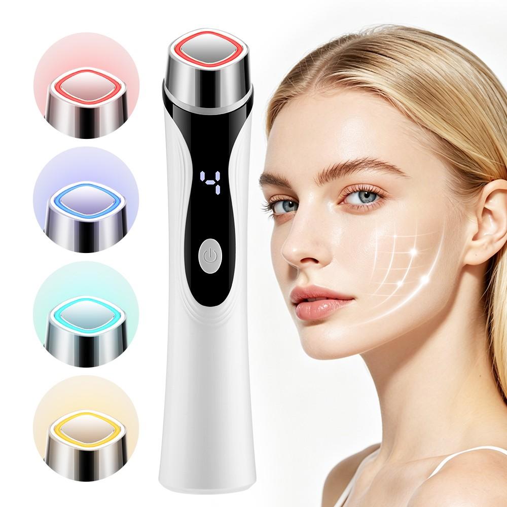 4-In-1 Facial Massage Beauty Device with Multi-Tone Red & Blue LED Lights, Warm Heating Face Contouring Lifting Machine, 4 Adjustable Skincare Modes for Face & Neck Daily Home Skin Care, Facial Beauty Massagers