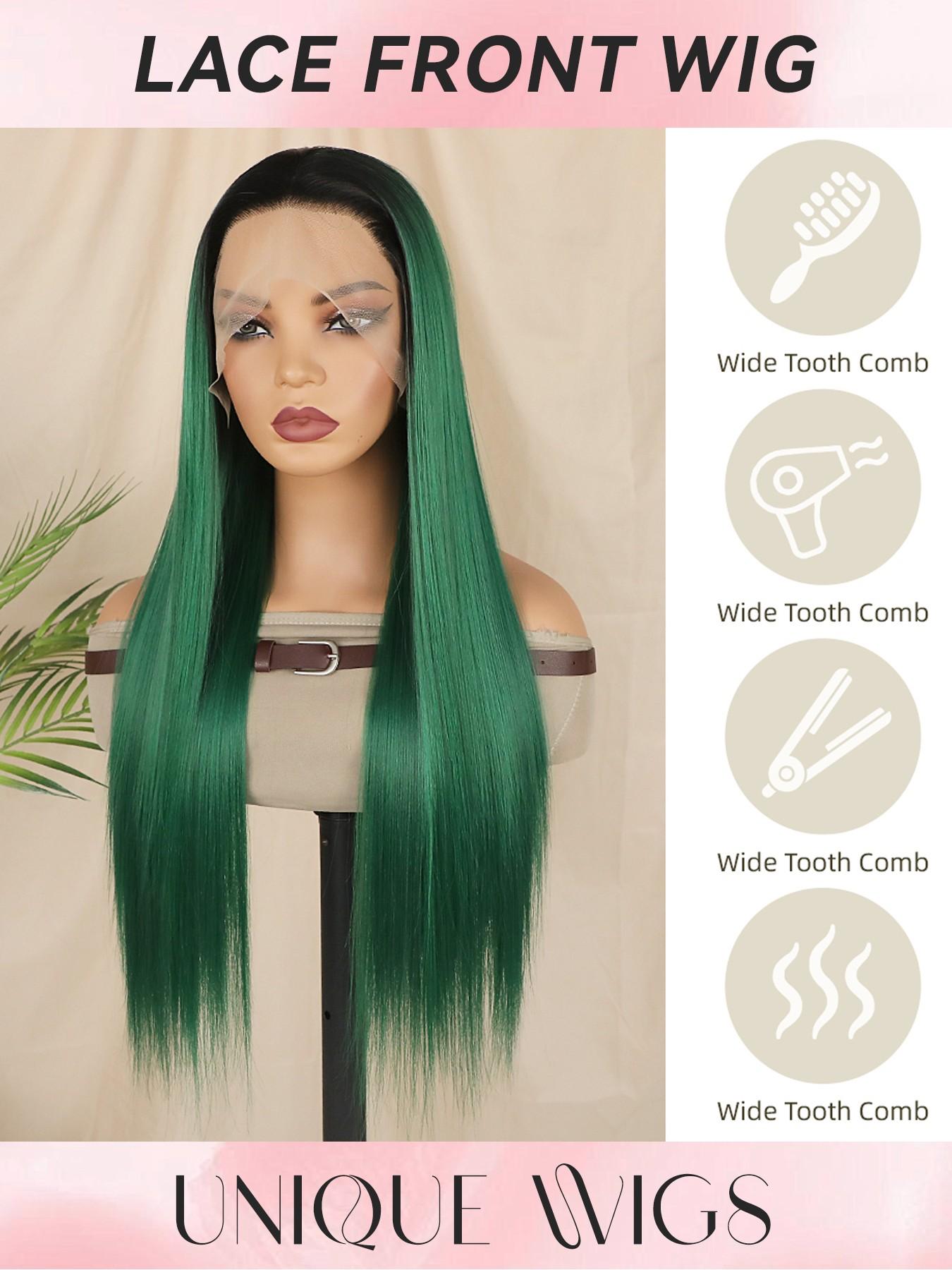Dark Roots Ombre Long Straight Synthetic Wig, Heat Resistant, 28 Inch, 180% Density, Glueless, Pre-Plucked Hairline, Ready to Wear, Synthetic Hair Wigs