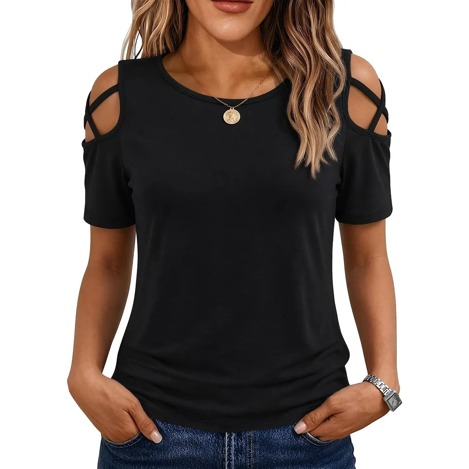 Women's Summer Tops Short Sleeve Cold Shoulder Tops T-Shirts for Women Spring Summer Tops Loose Fit Tunic 2026