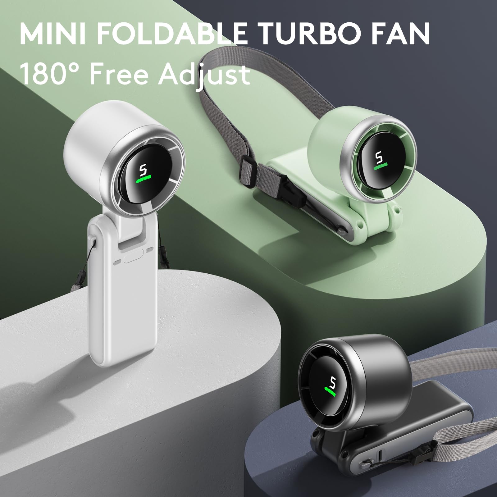 Turbo Mini Portable Fan, 10000mAh Rechargeable Battery Operated with LED Display, 180 Foldable 3 in 1 Personal Small Fan with 5 Speeds for Travel/Outdoor/Home