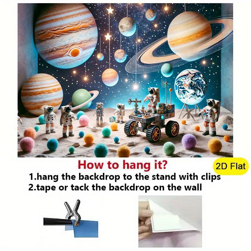 2D flat banner 1PC astronaut space exploration background fabric - Jupiter, Saturn robots and stars - deep blue space scenes, suitable for birthday parties, studios, classrooms, home decoration - durable polyester fabric indoor hanging painting - tc
