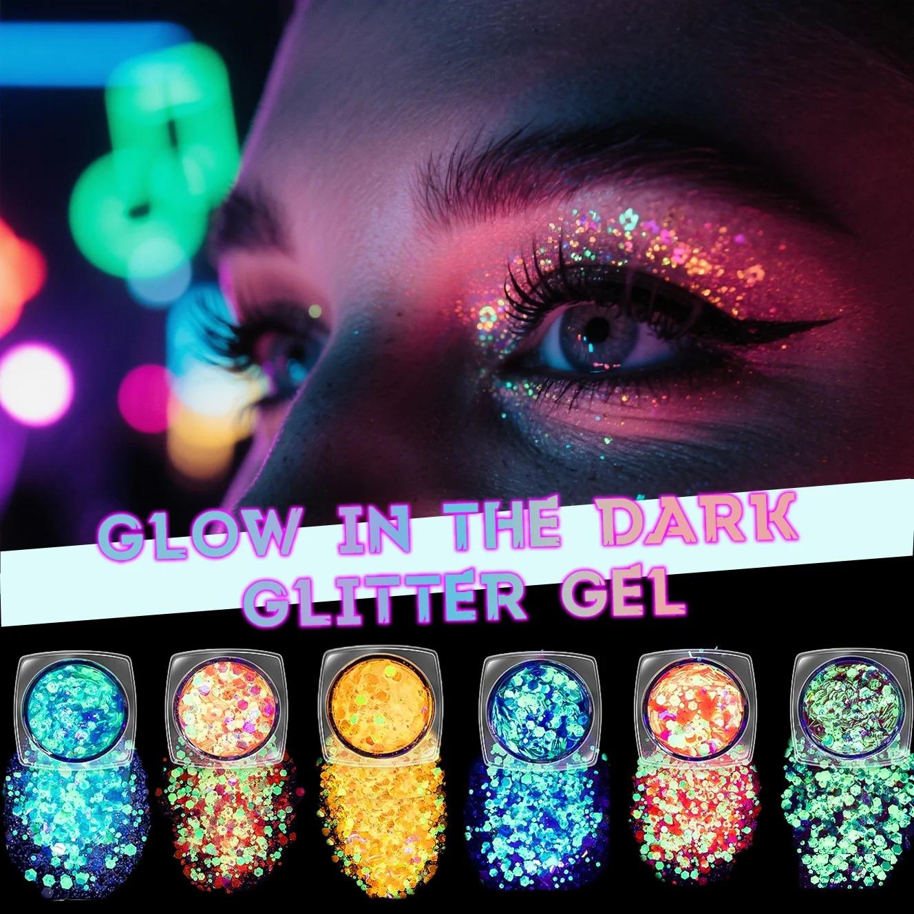 12pcs Water-Based Glow-in-the-Dark Glitter Gel Sequins Multi-Pack - Blacklight Glow Photobooth Props for Halloween Gatherings, Costume Events, Birthdays, Anniversaries, Easter Decorations