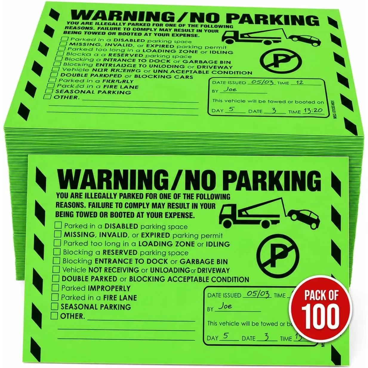 100 Pack 8x5 No Parking Stickers - Hard to Remove, Bad Parking Warning DecalsGift