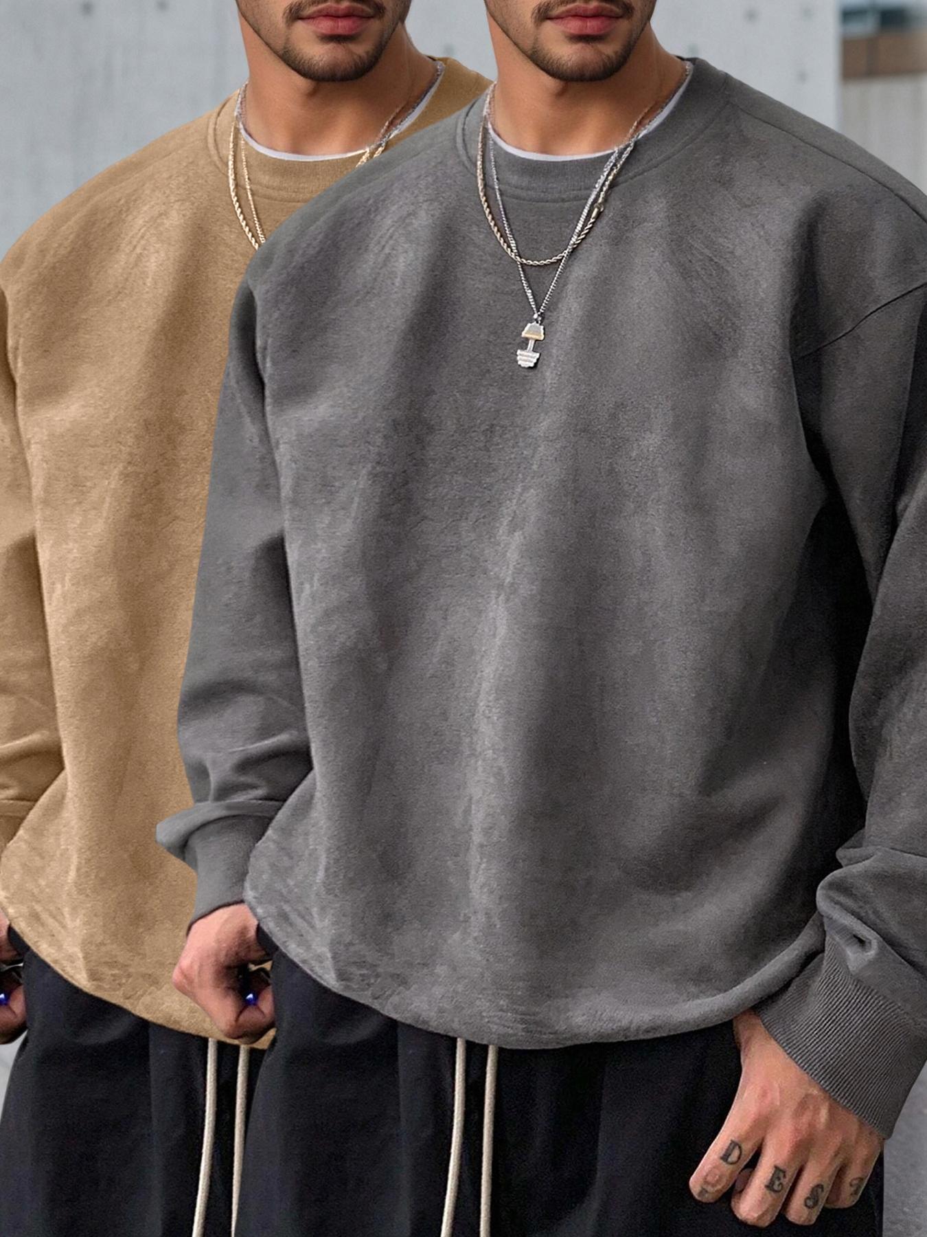 Men's Solid Color Plain Round Neck Drop Shoulder Long Sleeve Fleece Sweatshirt, Casual Fit for Fall & Winter, Comfortable Daily Wear