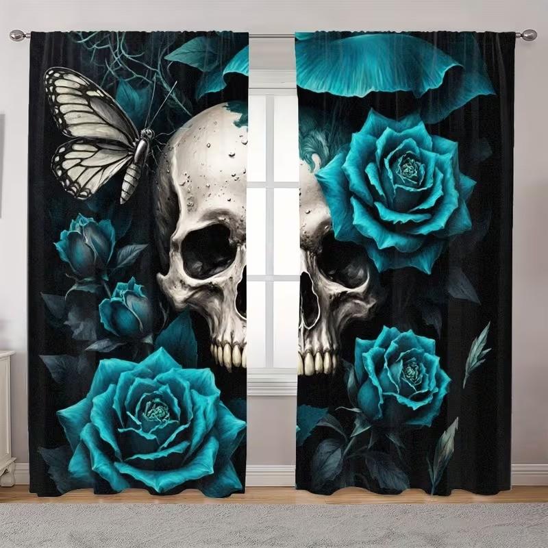 2 pieces of Gothic skull and greenish-blue rose printed curtains, made of polyester with semi-transparent texture, machine washable, suitable for bedrooms, living rooms and home decoration curtains.