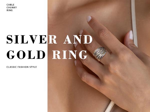 Aprilery 2 Tone Intertwined Crossover Statement Ring Fashion Chunky Band Rings for Women Wide Index Finger Rings Costume Trendy Jewellery Accessories