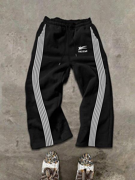 Men's Y2K Street Style Loose-Fit Straight Leg Sweatpants, Athleisure Style Bottoms, with Stripes & the Star Print, Casual Drawstring Waist Pants Men's Y2K Street Style Loose-Fit Straight Leg Sweatpants, Athleisure Style Bottoms, with Stripes & the Star Print, Casual Drawstring Waist Pants