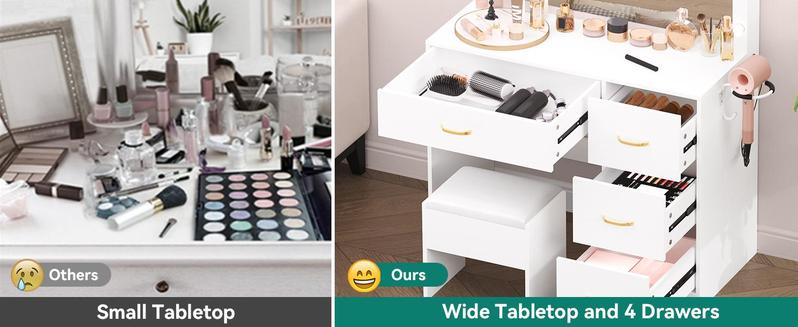 YITAHOME Makeup Vanity Desk with Large Lighted Mirror with Power Outlet and LED/Bulb Strip, 3 Color Lighting Modes with Adjustable Brightness, 4 Drawer Vanity Table with Cushioned Stool for Bedroom YITAHOME Makeup Vanity Desk with Large Lighted Mirror with Power Outlet and LED/Bulb Strip, 3 Color Lighting Modes with Adjustable Brightness, 4 Drawer Vanity Table with Cushioned Stool for Bedroom