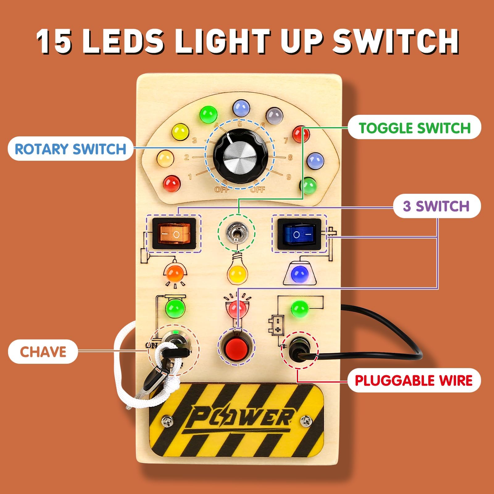 Joyreal Busy Board, Montessori Toys, Wooden Busy Board with LED Light Up Switch,  Learning Sensory Travel Toys, Valentine's Day Gifts Idea for Kids